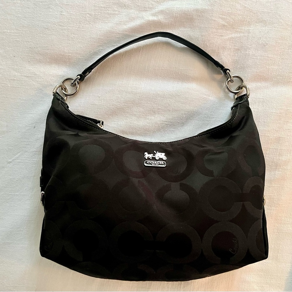 Coach Black Signature Hobo Bag with Silver Hardware